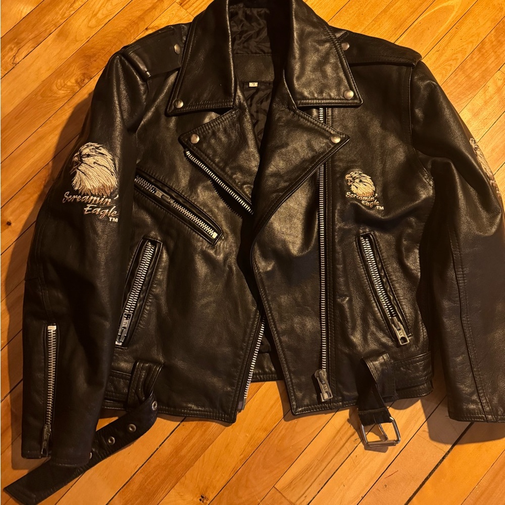 Embroidered Black Leather Biker Jacket
Screaming Eagles
